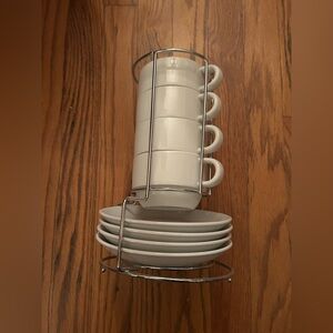 Yedio Classic Minimal Set of 4 White Cups & Saucers W/ Silver Metal Storage Rack